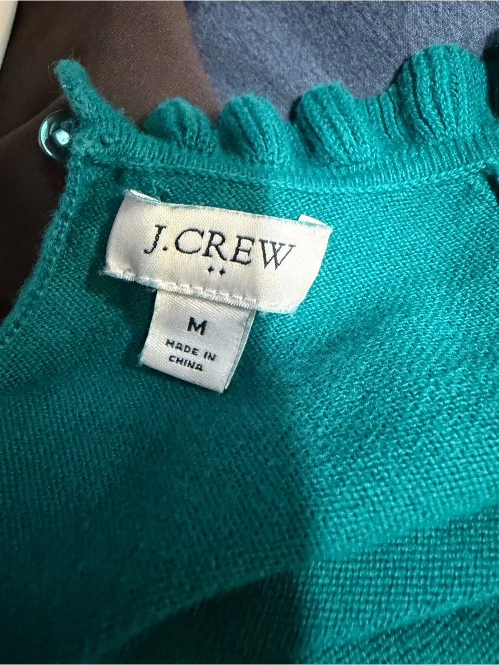 Women’s J. Crew Teal Ruffle-Trim Crewneck Long Sleeve Sweater Size M